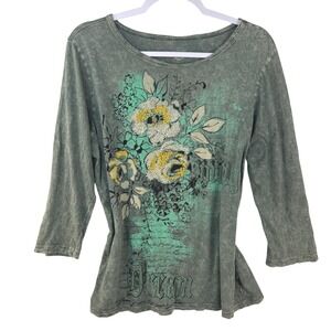 Westbound Womens Large Sage Green Mineral Wash Floral Rhinestone 3/4 Sleeve Top